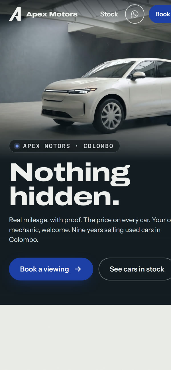 The Apex Motors demo on a phone, with the headline Nothing hidden.